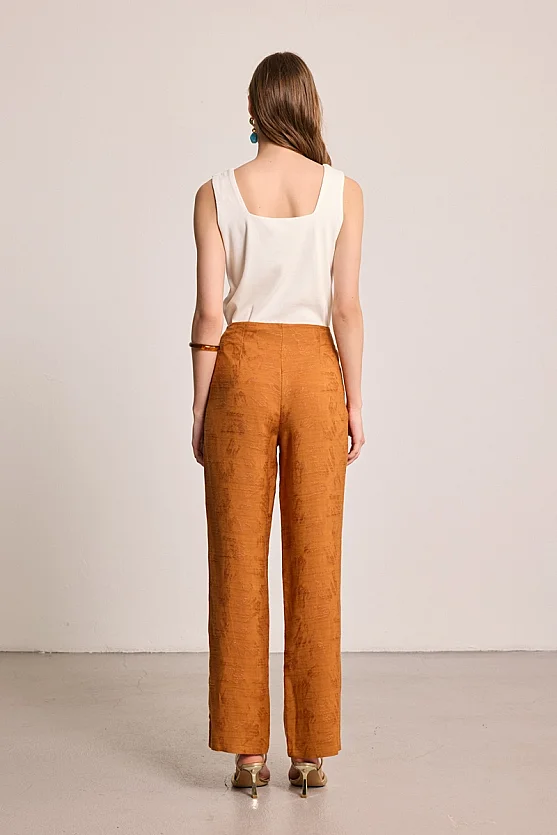 Jacquard Patterned Linen Trousers - Brick - 4