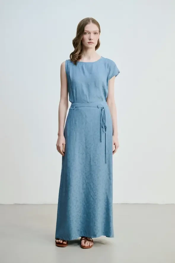 Jacquard Patterned Long A-Line Skirt - Blue - 2