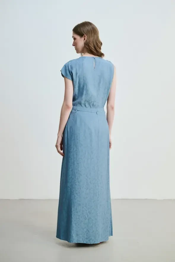 Jacquard Patterned Long A-Line Skirt - Blue - 3