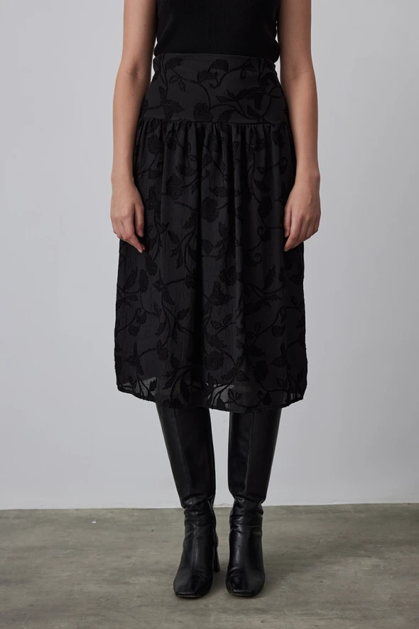 Jacquard Patterned Shirred Skirt - Black - 2