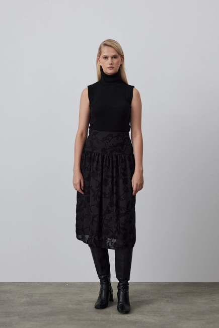 Jacquard Patterned Shirred Skirt - Black Black