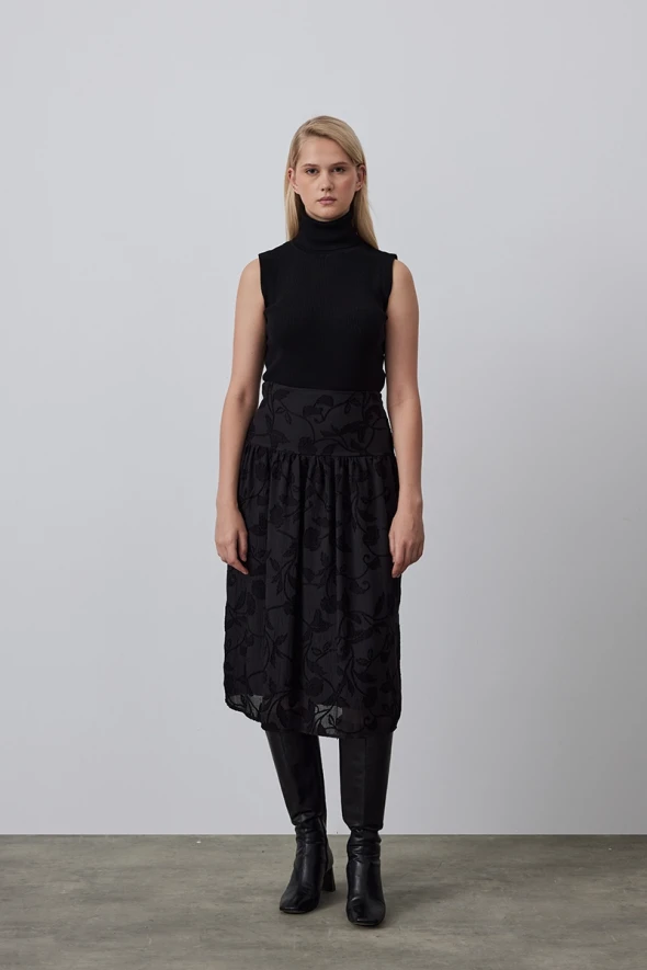 Jacquard Patterned Shirred Skirt - Black - 1