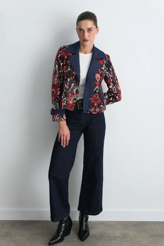 Jacquard Patterned Zip Up Jacket Red - Gusto