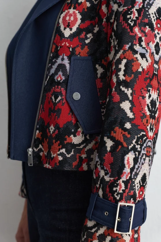 Jacquard Patterned Zip Up Jacket Red - 4