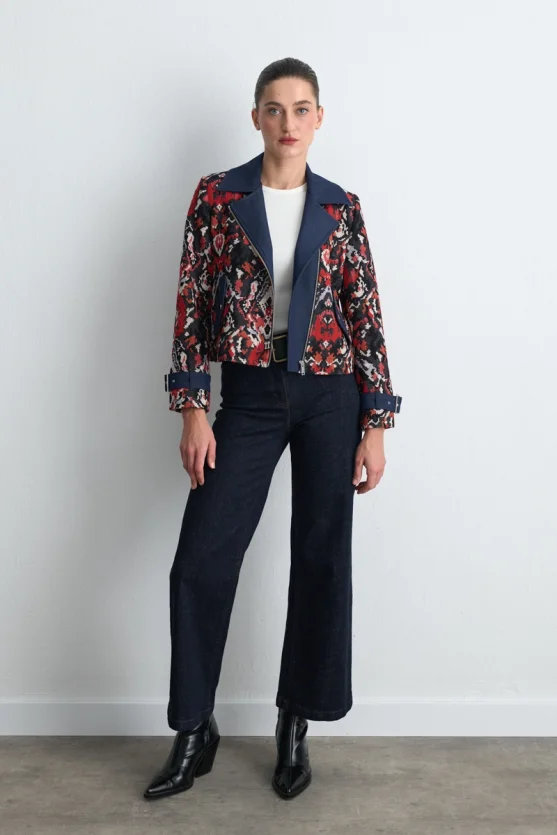 Jacquard Patterned Zip Up Jacket Red - 3
