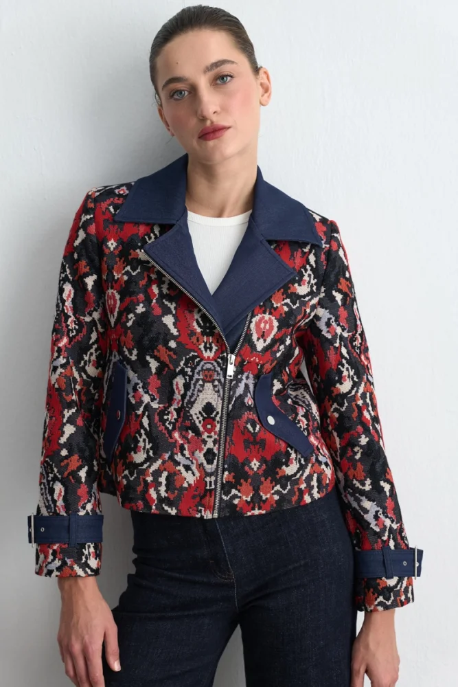 Jacquard Patterned Zip Up Jacket Red Red