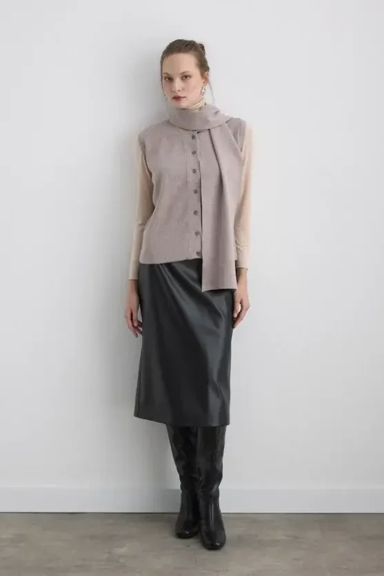 Knit Vest with Scarf - Beige - 3