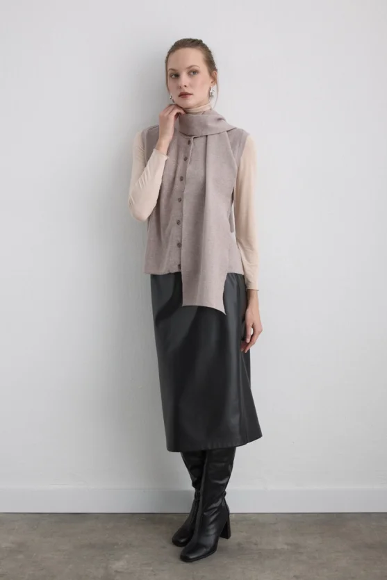 Knit Vest with Scarf Beige - 4