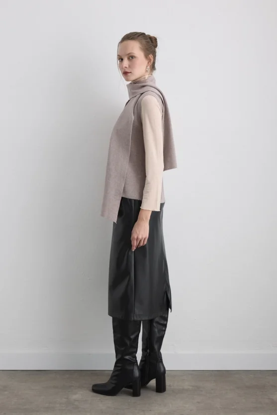 Knit Vest with Scarf Beige - 7