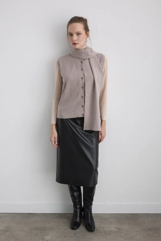 Knit Vest with Scarf Beige - 5