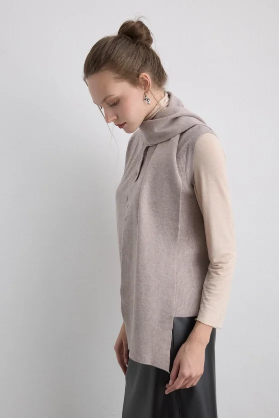 Knit Vest with Scarf Beige - 6