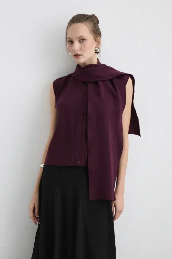 Knit Vest with Scarf - Mulberry - 1
