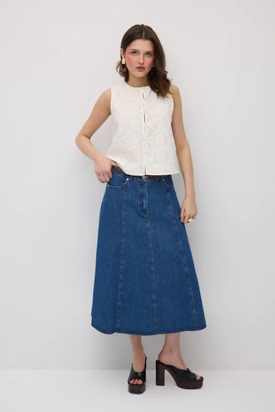 Knitted Belted Midi Denim Skirt - Blue - 3