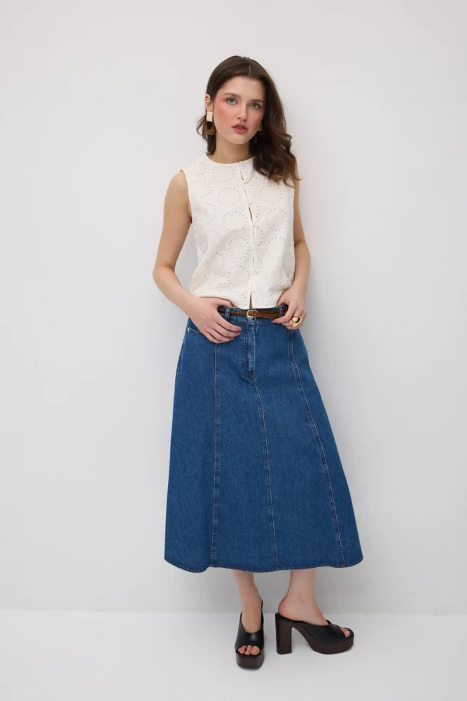 Knitted Belted Midi Denim Skirt - Blue Blue
