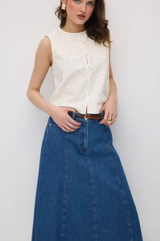 Knitted Belted Midi Denim Skirt - Blue - Gusto