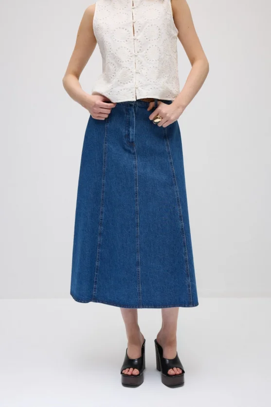 Knitted Belted Midi Denim Skirt - Blue - 2