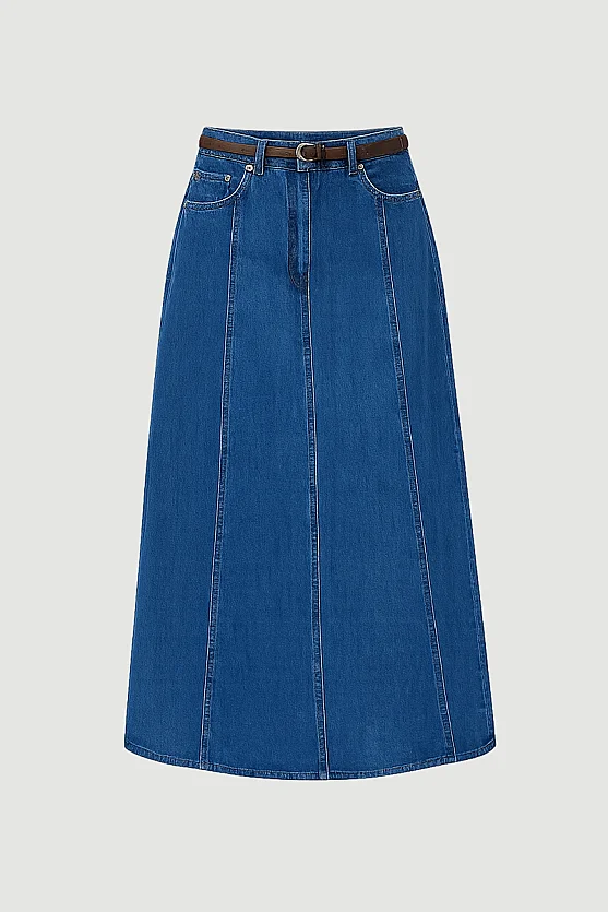 Knitted Belted Midi Denim Skirt - Blue - 6