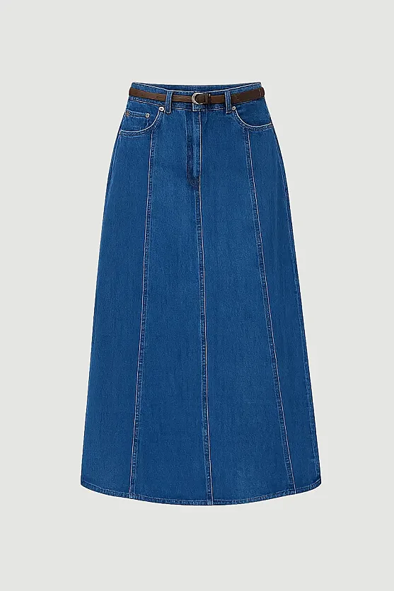 Knitted Belted Midi Denim Skirt - Blue - Gusto