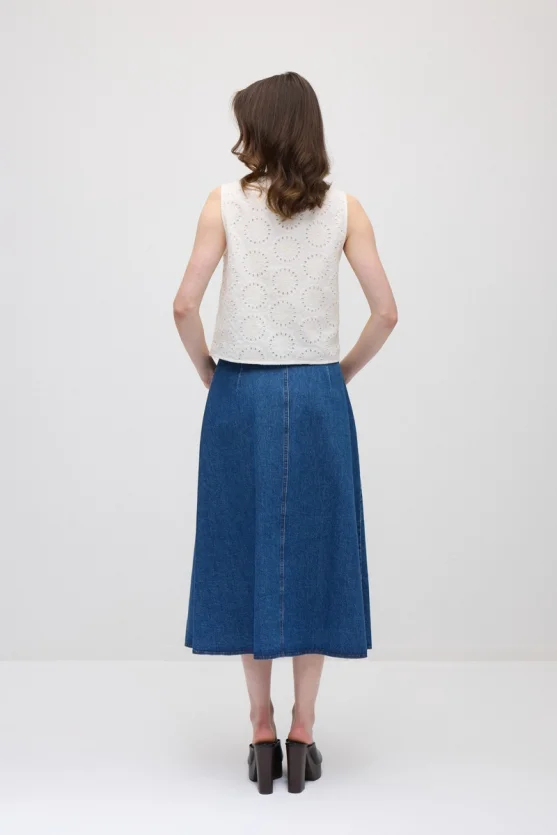 Knitted Belted Midi Denim Skirt - Blue - Gusto