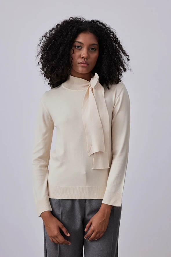 Knitwear with Bow Collar - Beige - 1