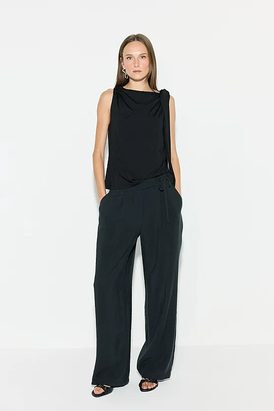 Knot Detail Boat Neck Blouse - Black - 6