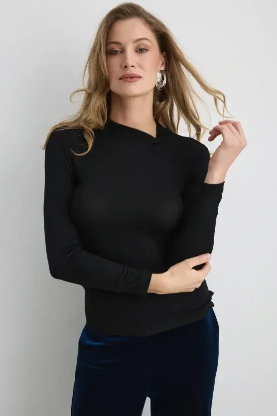 Knotted-Neck Viscose Lycra Blouse - Black - 4