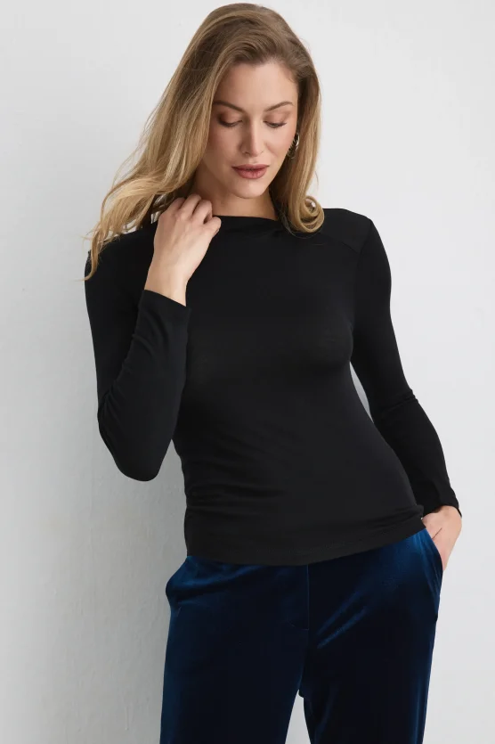 Knotted Neck Viscose Lycra Blouse Black - 1