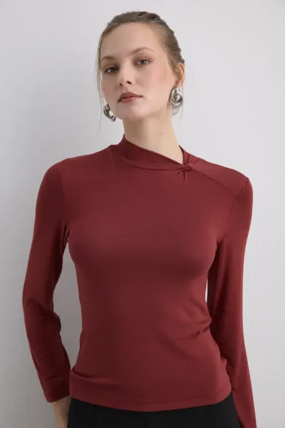 Knotted-Neck Viscose Lycra Blouse - Brick - 4