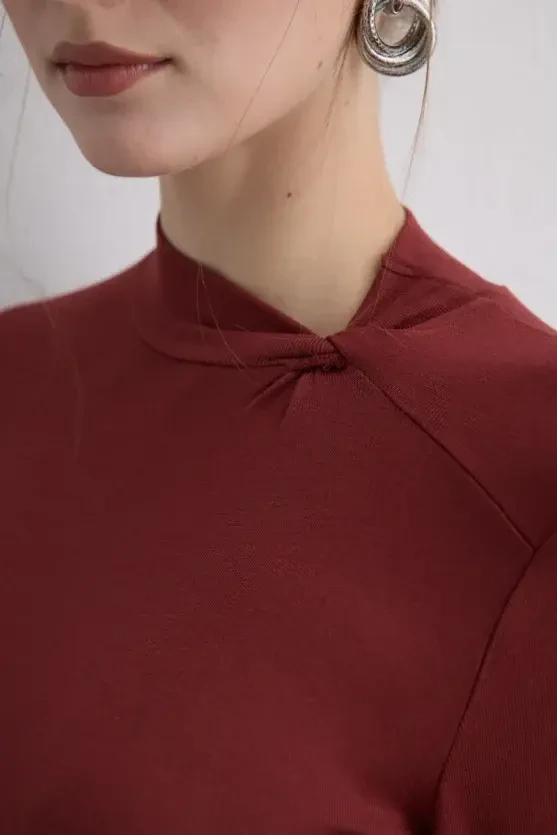 Knotted-Neck Viscose Lycra Blouse - Brick - 5