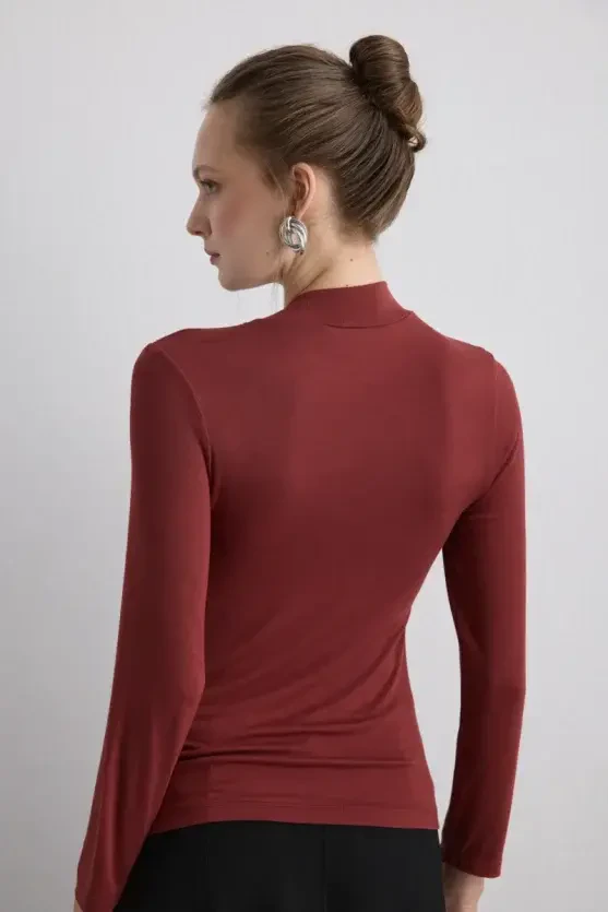 Knotted-Neck Viscose Lycra Blouse - Brick - 7