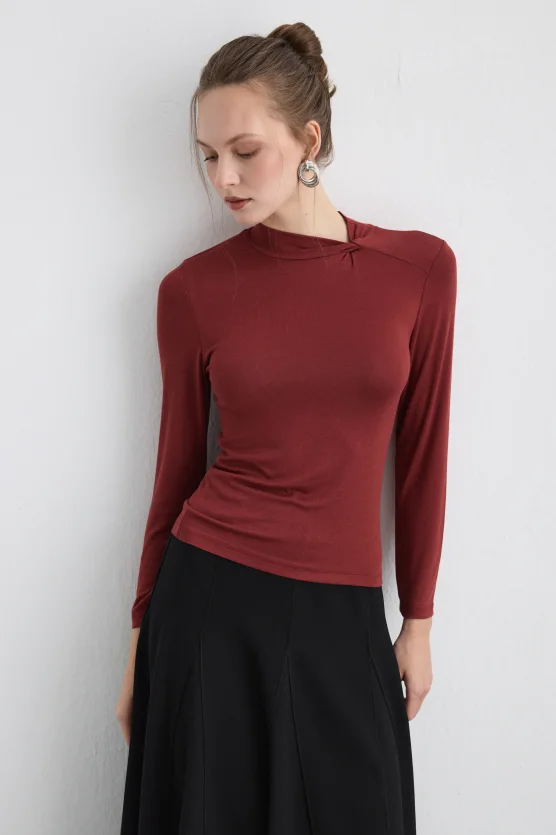 Knotted-Neck Viscose Lycra Blouse - Brick - Gusto