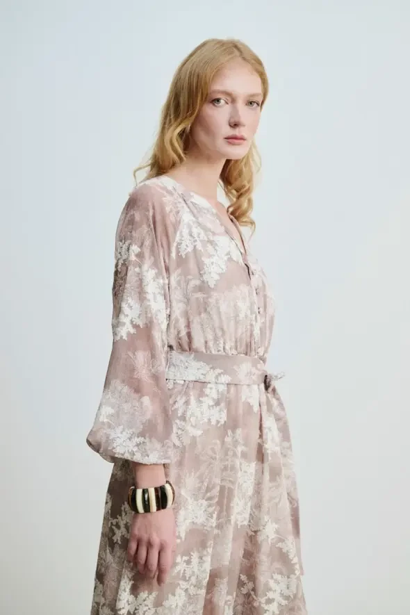 Lace Appliqué Long Dress - Beige - 4