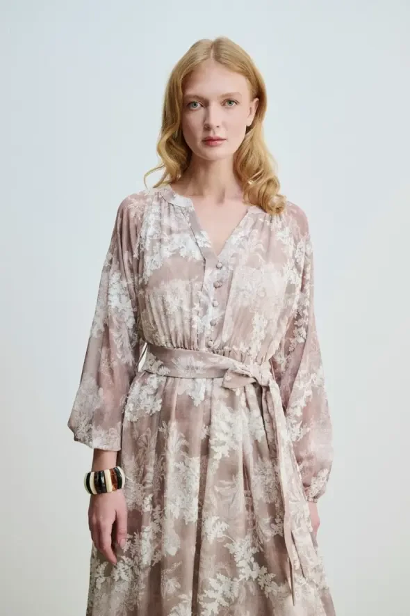 Lace Appliqué Long Dress - Beige - 5