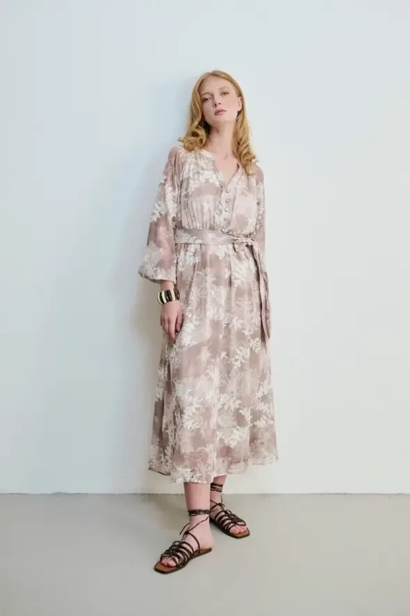 Lace Appliqué Long Dress - Beige - 6