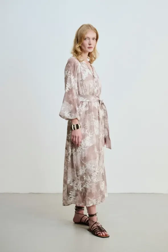 Lace Appliqué Long Dress - Beige - 7