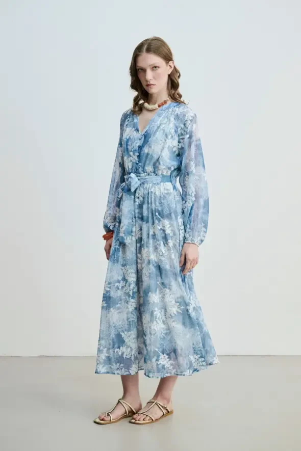 Lace Appliqué Long Dress - Blue - 1