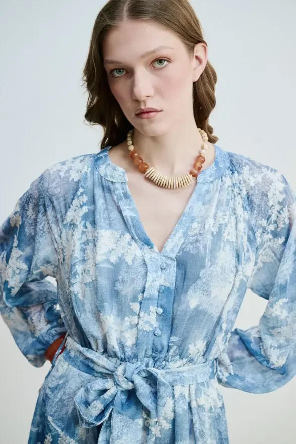 Lace Appliqué Long Dress - Blue - 5