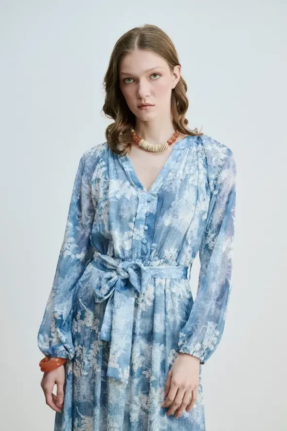 Lace Appliqué Long Dress - Blue - 4