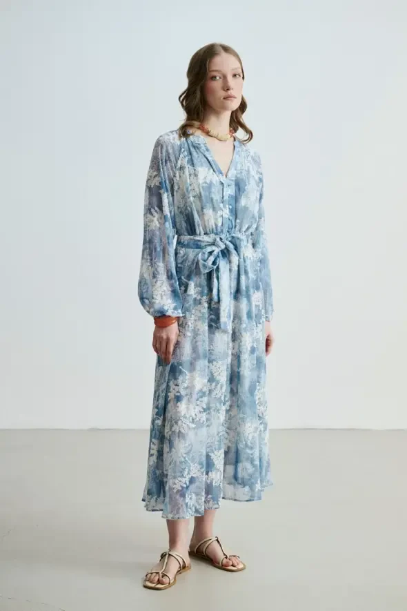 Lace Appliqué Long Dress - Blue - 3