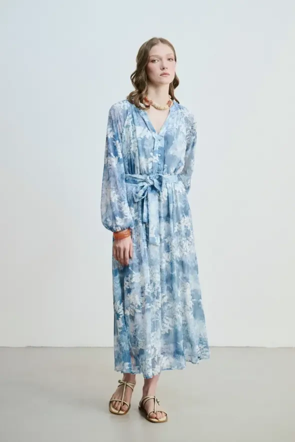Lace Appliqué Long Dress - Blue - 2