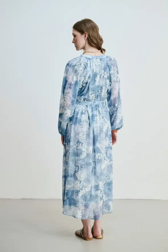 Lace Appliqué Long Dress - Blue - 7