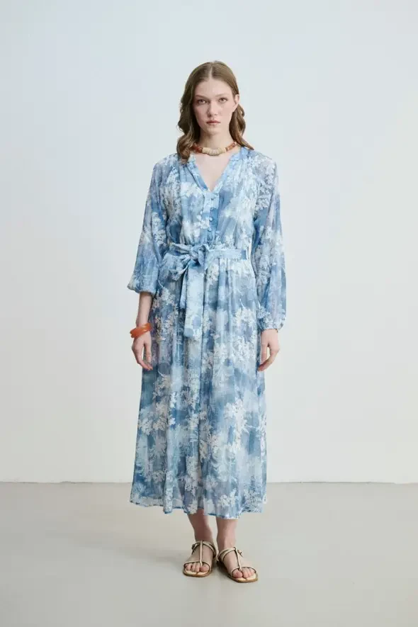 Lace Appliqué Long Dress - Blue - 6