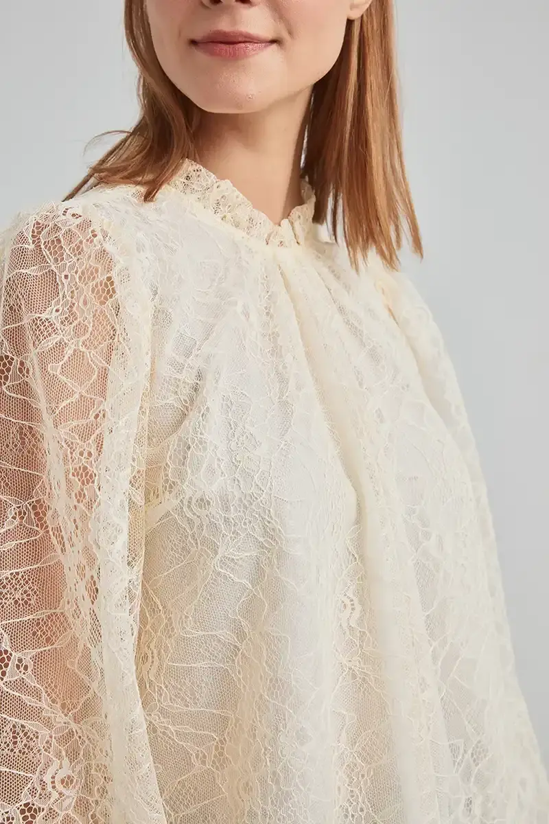 Lace Blouse with Ruffled Collar - Ecru - 3