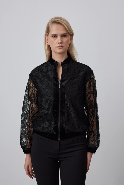 Lace Bomber Jacket with Velvet Trim - Black - Gusto