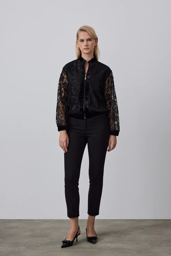 Lace Bomber Jacket with Velvet Trim - Black - 3