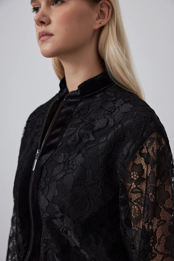 Lace Bomber Jacket with Velvet Trim - Black - 4