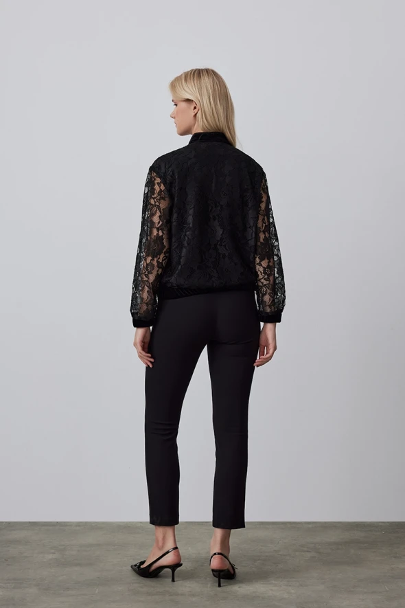 Lace Bomber Jacket with Velvet Trim - Black - 5