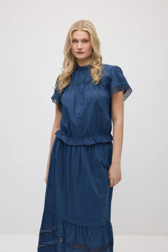 Lace-Detail Cotton Blouse - Navy Blue - 3