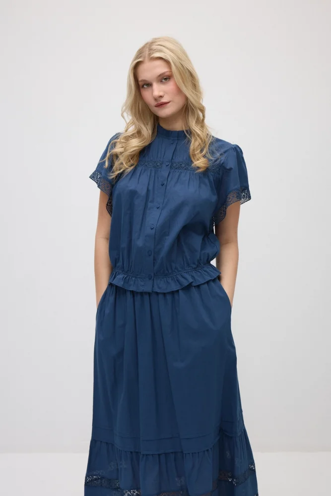 Lace-Detail Cotton Blouse - Navy Blue - Gusto