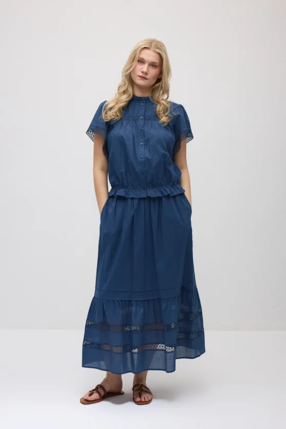 Lace-Detail Cotton Blouse - Navy Blue - Gusto